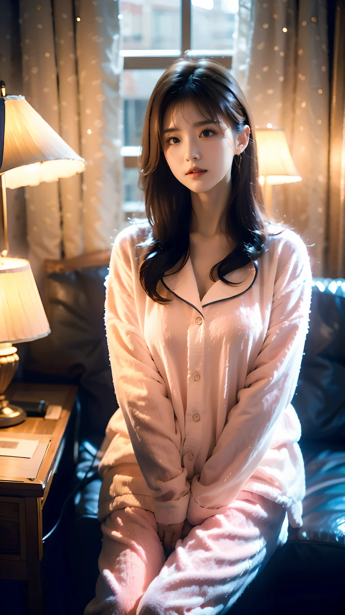 Best quality，masterpiece，K，A girl，Wearing white coral fleece pajamas，靠在Book架旁，Film quality，Book，desk lamp，Luminescence，Multiple light sources，High light-dark contrast，night