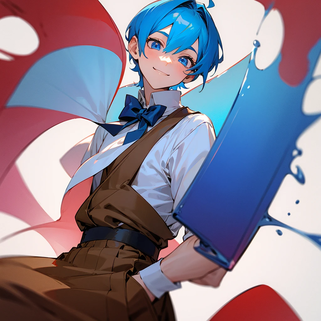 Boy with short blue hair, white shirt, brown bib shorts, blue bow tie, smiling, blue eyes, tilting head, drinking red juice from wine glass
