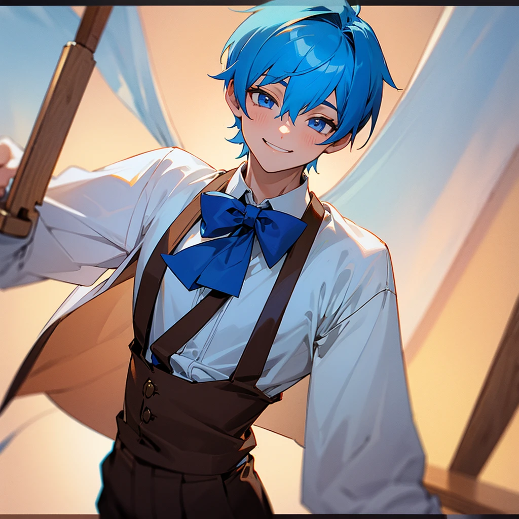 Boy with short blue hair, white shirt, brown bib shorts, blue bow tie, smiling, blue eyes, tilting head, drinking red juice from wine glass