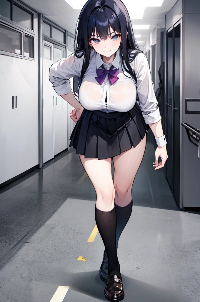 Lydia, a 6 foot tall female student with long black hair and a with a very short skirt, pushes Tom, a nerd, to the ground in the school yard. with a malicious smile, place your right foot on your chest, pressing lightly