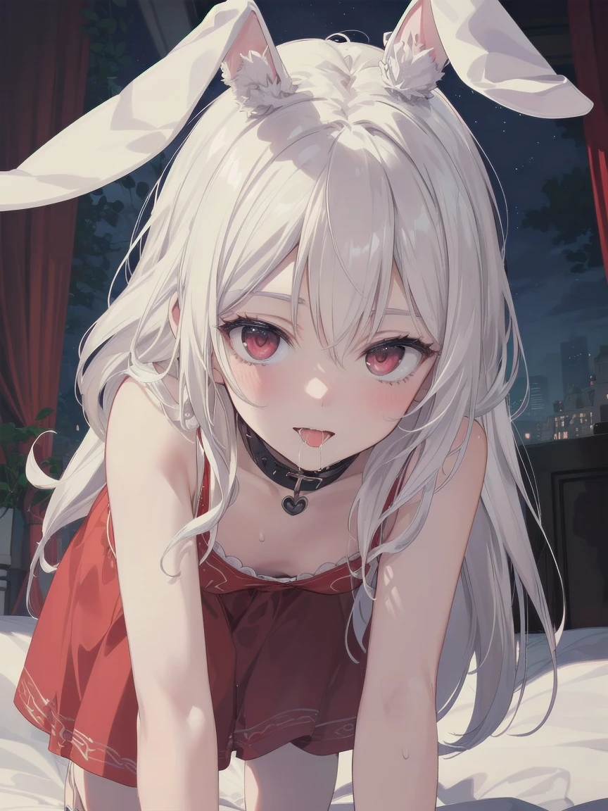 (masterpiece, best quality), ultra high resolution, (best quality photorealistic illustration), (ultra detailed), (cute illustration: 1.3), (high saturation: 1.2), detailed beautiful face and eyes, highly detailed background, dynamic lighting, (very delicate and beautiful), nice hands, perfect hands, (proper posture), (proper composition), ideal body proportions, ((single girl)), solo, (on all fours), (front view: 1.2), from below, dynamic angle, (close-up of upper body), royal bedroom with luxurious canopy bed, tapestry and artwork, (night: 1.3), resting, (manga style), (line art_animation), (cowboy shot, best quality), (photo of laura bud: 1.2), (add details of laura: 1.0), 8k, flat color: 0.8, single girl, smiling, (white One-piece dress, bedroom background, 1.5), white hair, long hair, beautifully detailed red eyes, saliva, on all fours, red collar, ?????? face, sexual climax, glamorous, rabbit tail, rabbit on head, flustered, spoken heart,