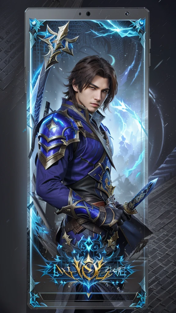 a handsome man holding a sword in the game, shadowverse style, epic battle screen of mobile legends heroes, realistic