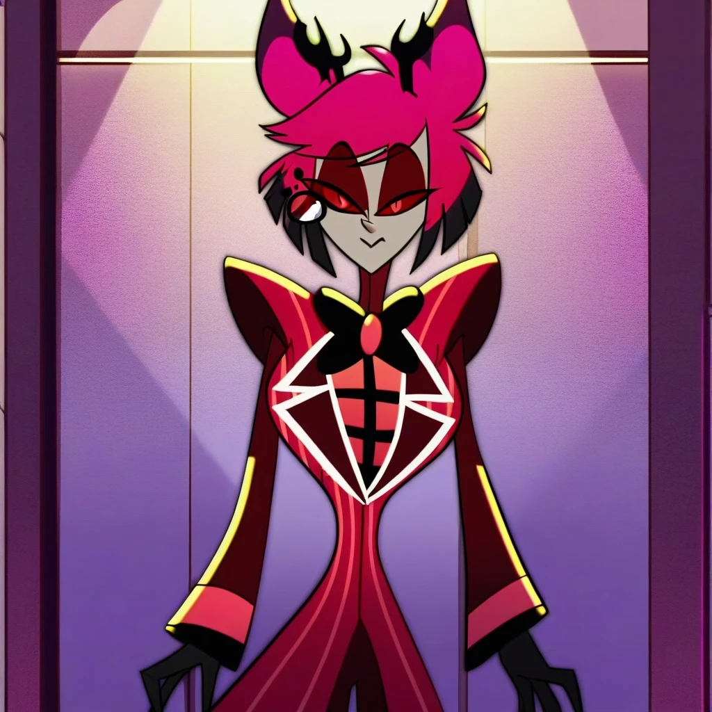 alastor, solo, 1girl, standing, (huge breasts:1.5), grey skin, red suit, monocle, BREAK score_9, score_8_up, screencap, (((lighting on body)))
