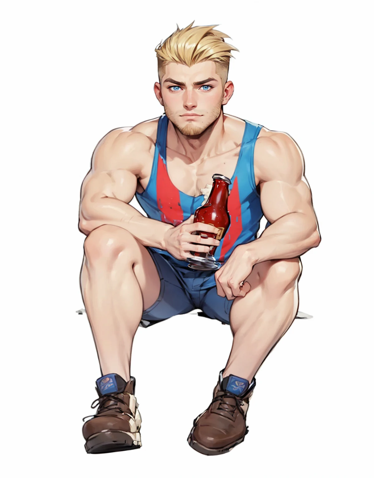 boy, 19 years old, very handsome, beautiful face, blue eyes, blond hair, shaved on the sides, visible muscles, thin beard and sideburns, sitting with a beer in his hand, looking