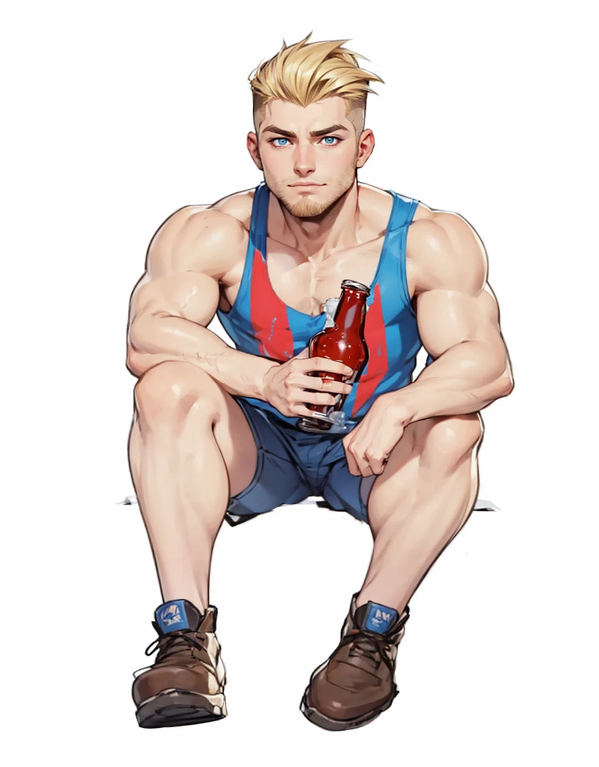 boy, 19 years old, very handsome, beautiful face, blue eyes, blond hair, shaved on the sides, visible muscles, thin beard and sideburns, sitting with a beer in his hand, looking 