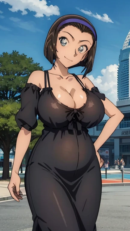 Looking into the camera、When I Look at You、lookatviewer、Anime Style、Eroge、1 Girl,  (Huge long breasts:1.2), (Black maxi dress:1.5、Clothes that only show the cleavage)、Low Angle、Brown haired, hair band、Bob Hair、The forehead is visible、smile,Round Breasts、Pregnant women、Tank top