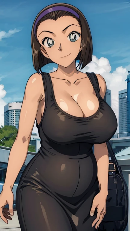 Looking into the camera、When I Look at You、lookatviewer、Anime Style、Eroge、1 Girl,  (Huge long breasts:1.2), (Black maxi dress:1.5、Clothes that only show the cleavage)、Low Angle、Brown haired, hair band、Bob Hair、The forehead is visible、smile,Round Breasts、Pregnant women、Tank top