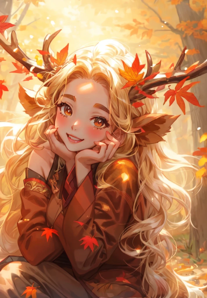 a ((brown skin)) young woman with long blonde hair and a deer antlers on her head, in a forest, 🍁 cute, 🍂 cute, smiling , happy,cute, open eye,gold eyes,sitting in the forest beautiful autumn spirit, goddess of autumn, style artgerm, seasons!! : 🌸 ☀ 🍂 ❄, orange and brown leaves for hair, artgerm and rossdraws, anime girl with long hair, extremely detailed artgerm, artgerm and atey ghailan