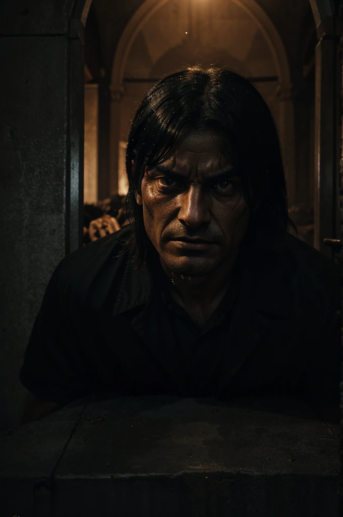 "A dark, dramatic scene showing the devil facing his final moments after the end of the Day of Judgment."