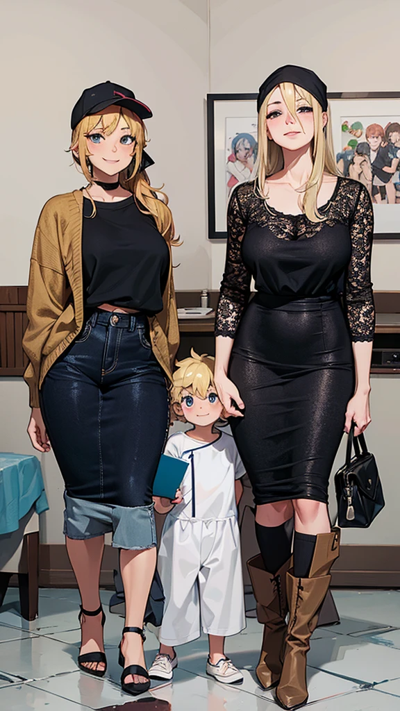 two sexy women in looking at 4 boy with blonde hair and shorts, flirtatious smiles, women have various hair colors and hairstyles