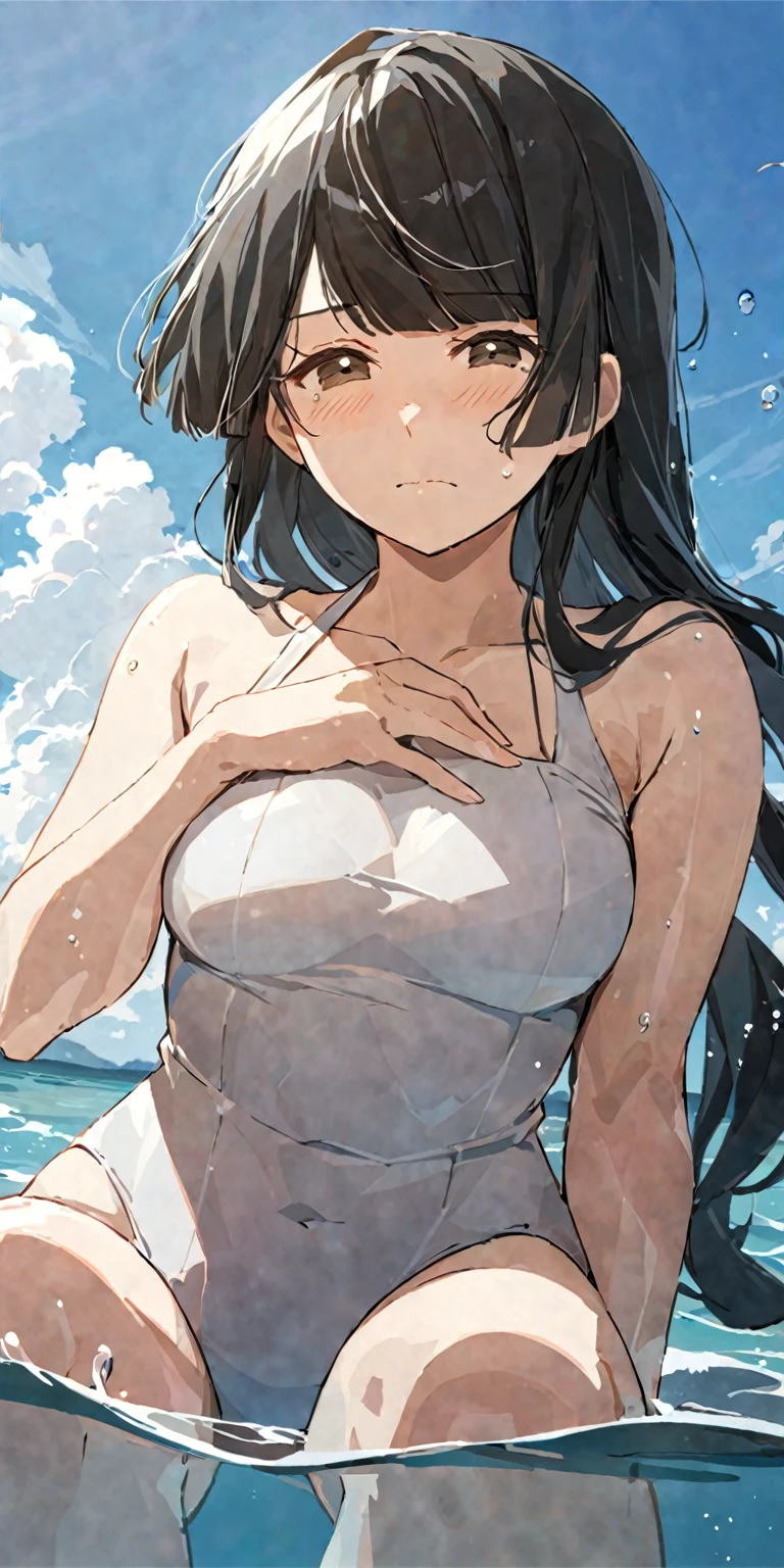 masterpiece,best quality, solo, eda, bangs, black hair, upper body,blue sky,cloud, shy expression, natural expression, medium breast, hot, thicc, swimsuit , ocean, water, she was sitting , she was posin, closed mouth, she is wearing white sando while swimming she is grabbing her chest, dynamic pose, embarrassed expression, shy expression 