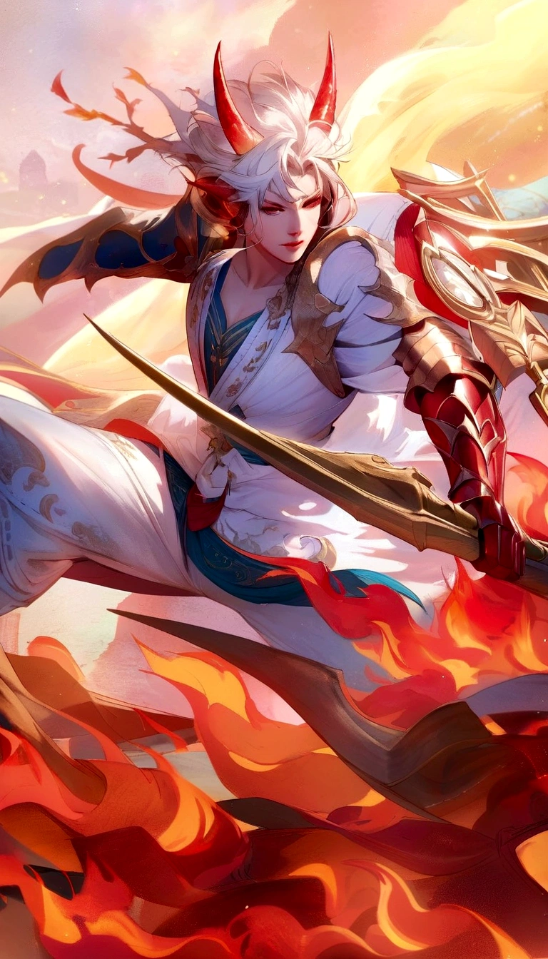 Enhance the clarity and sharpness of this character illustration. The character has white hair with red horns and is dressed in a detailed white and blue outfit with red and gold armor. The character wields a large, ornate weapon surrounded by vibrant flames. Improve the overall sharpness, making the colors more vivid and the textures more detailed, while preserving the dynamic and vibrant atmosphere of the scene