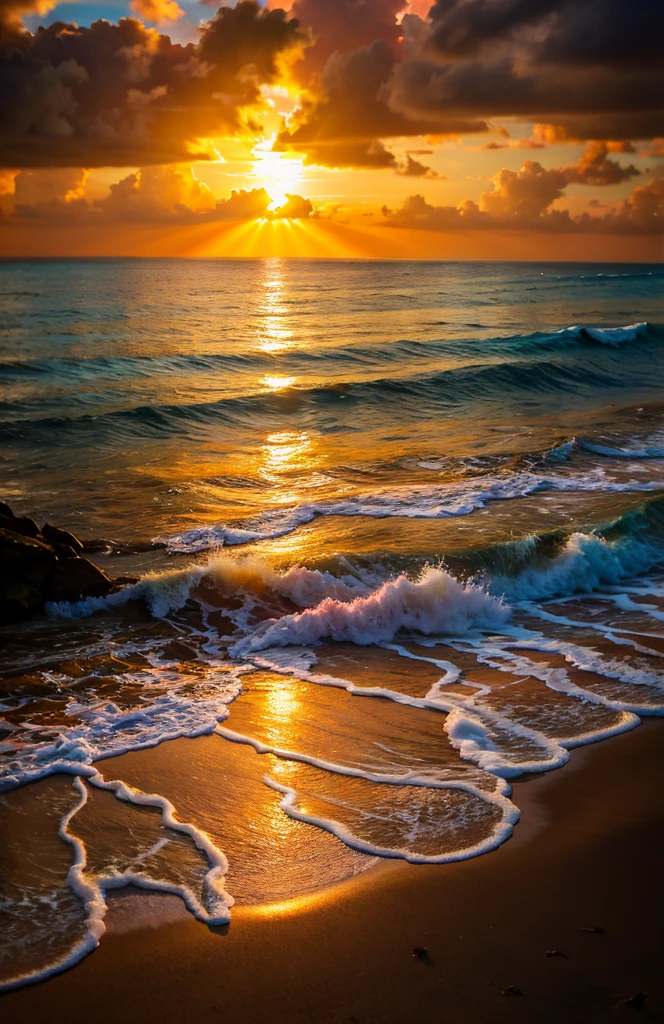 An absolutely mesmerizing sunset over the beach, with a mixture of oranges, Pink, and yellows filling the sky. Crystal clear sea waters gently kissing the shore, with white sand beach stretching everywhere. The scene is dynamic and breathtaking, with seagulls flying high in the sky and palm trees gently swaying. Enjoy the calm atmosphere and let the tranquility wash over you.