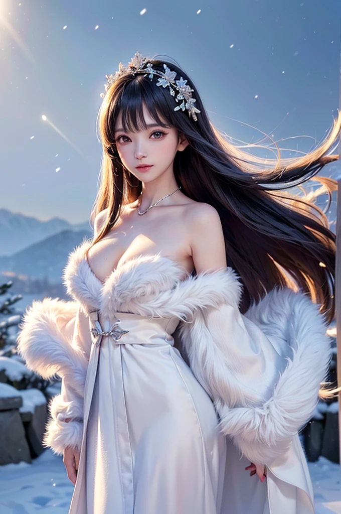 ((masterpiece:1.5、8K、Tabletop、フォトリアリスティックでVery detailedなCG、Very detailed、Particle Effects、Dynamic Effects、Shallow depth of field、Cinematic Light、Lens flare、Ray Tracing、Tabletop、Realistic:1.4、Ultra-high resolution:1.2、Realistic、Realistic))((alone、,Woman wearing a white fur coat over an off-the-shoulder sweater:1.4、Elegant woman posing、Detailed face、bright表情、young, bright, Whiter skin、medium breasts、Beautiful cleavage、Best Looks、Ultimate beauty、White hair with shiny highlights、bright and shiny hair,、Super long, Silky straight hair、Hair dancing in the wind))(morning、The setting is outdoors in the snow、Crystal of snow)