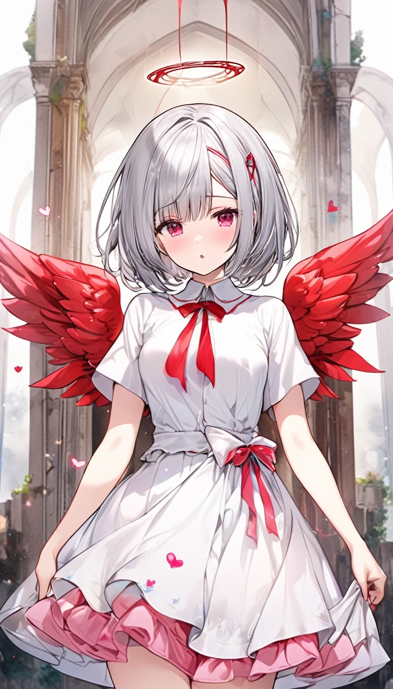 fusion of watercolors and oil paintings, best quality, super fine, 16k, incredibly absurdres, extremely detailed, 2.5D, delicate and dynamic depiction, cute woman, silver bob cut, three ahoge, white and pink long ruffle skirt princess dress, big red ribbon on chest, angel wings, amorous and lewd expression, make-up, prime lenses, lens filters, clear subject, soft pastel color image effects, background ruins