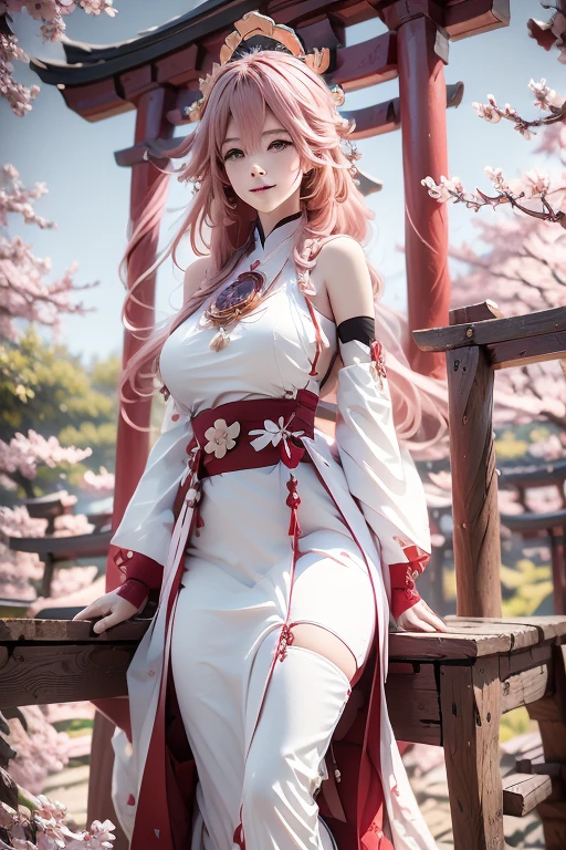 pink hair,masterpiece,extremely detailed,CG,2k wallpaper,Amazing,finely detail,extremely detailed CG unity 8k wallpaper,huge filesize,ultra-detailed,shenzi,1 girl,cosplay,Yaeko Nogi (Tokyo 7th Sisters),bright smile,confident eyes,(long flowing hair:1.1),traditional shrine maiden outfit,red and white colors,tied-up hair,red ribbon,cherry blossom petals,torii gate background,holding a sacred staff,elegant posture,focused expression,outdoor shrine setting.,