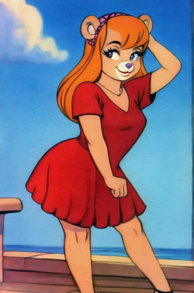 fashionable 60s young lady bear, red_dress, girlfriend, wife, cute pose