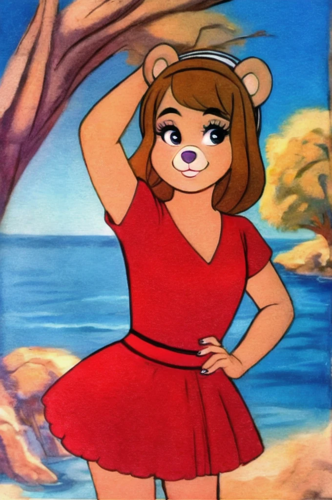fashionable 60s young lady bear, red_dress, girlfriend, wife, cute pose