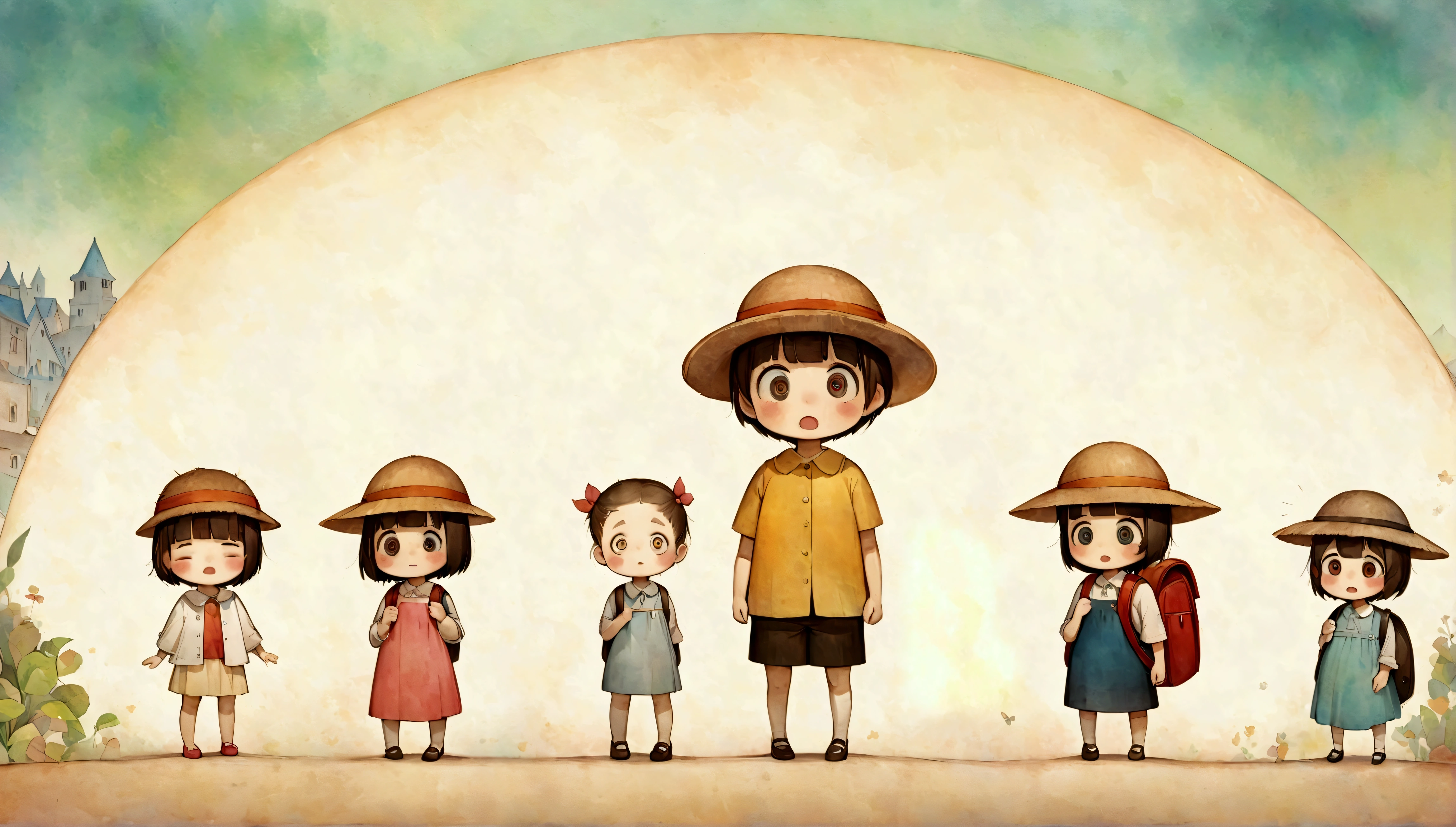 Fixes,An illustration,(Draw the children with surprised expressions),(Children with open mouths and disappointed expressions),The children are shocked and depressed.,children are wearing summer clothes,(The background is the garden of a house in town),This is a scene where the planned outing that I was looking forward to was cancelled.,BREAK,children are carrying backpacks,straw hat,The children are dressed as if they are going on a field trip.,BREAK,cute illustration,surreal,artwork,Expressively,This is an illustration that looks like a picture book illustration.,draw with thick lines,Please draw with a gentle touch,Draw with pencil and watercolors,Gabriel Pacheco Style page,anatomically correct,perfect anatomy,structurally correct,Optimal Configuration,Draw carefully to the details