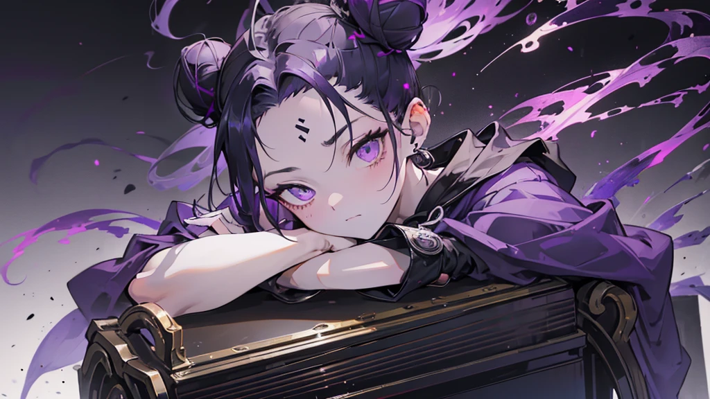 boy. thoughtful look. open forehead. black and purple hair tied in a bun on the left side to one side. sinuous black horns wrapped in dark purple ribbon. pale violet eyes. in short dark purple shorts. long white T-shirt. dark purple knee-high socks. dark_purple long coat with hood. древние dark_purple stone walls purple light from lamps on an old pi