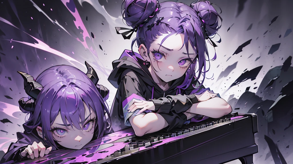 boy. thoughtful look. open forehead. black and purple hair tied in a bun on the left side to one side. sinuous black horns wrapped in dark purple ribbon. pale violet eyes. in short dark purple shorts. long white T-shirt. dark purple knee-high socks. dark_purple long coat with hood. древние dark_purple stone walls purple light from lamps on an old piano