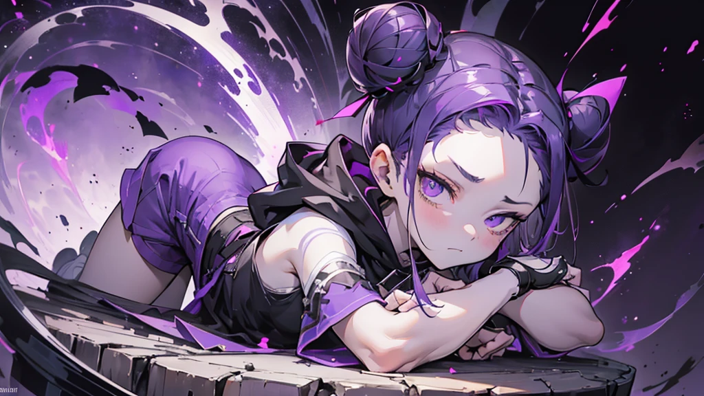 boy. thoughtful look. open forehead. black and purple hair tied in a bun on the left side to one side. sinuous black horns wrapped in dark purple ribbon. pale violet eyes. in short dark purple shorts. long white T-shirt. dark purple knee-high socks. dark_purple long coat with hood. древние dark_purple stone walls purple light from lamps on an old piano