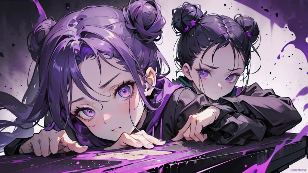 boy. thoughtful look. open forehead. black and purple hair tied in a bun on the left side to one side. sinuous black horns wrapped in dark purple ribbon. pale violet eyes. in short dark purple shorts. long white T-shirt. dark purple knee-high socks. dark_purple long coat with hood. древние dark_purple stone walls purple light from lamps on an old piano