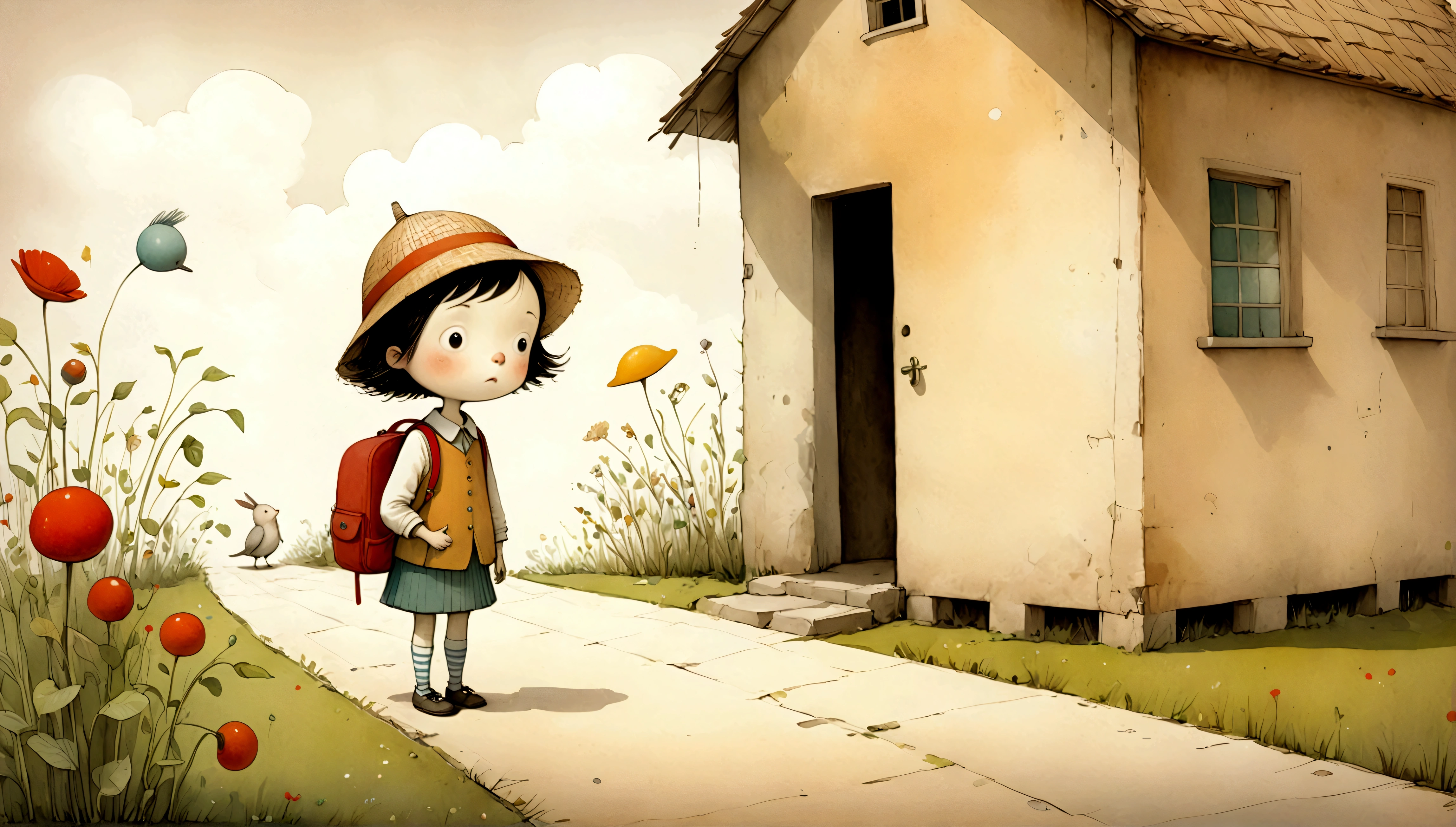 An illustration,(Draw the children with surprised expressions),(Children with open mouths and disappointed expressions),The children are shocked and depressed.,children are wearing summer clothes,(The background is the garden of a house in town),This is a scene where the planned outing that I was looking forward to was cancelled.,BREAK,children are carrying backpacks,straw hat,The children are dressed as if they are going on a field trip.,BREAK,cute illustration,surreal,artwork,Expressively,This is an illustration that looks like a picture book illustration.,draw with thick lines,Please draw with a gentle touch,Draw with pencil and watercolors,Gabriel Pacheco Style page,anatomically correct,perfect anatomy,structurally correct,Optimal configuration,Draw carefully to the details