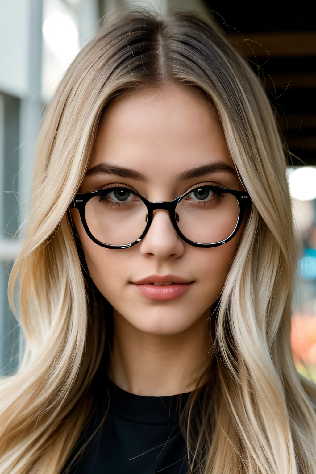 ((best quality)), ((masterpiece)), (detailed), 1girl, ash blonde degrade hair color, glasses color black
