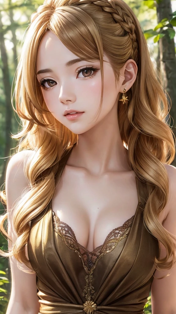 realisitic, high-detail, Hyper Detail, depth of fields, NFSW, 1 Lady, (((1 Lady:1.37, Solo))),(Beautiful face, Cute face, Detailed face,),  BREAK, 
((( Golden hair, Semi-long hair, Hair pulled back, Wavy Hair))), (((Detailed beautiful brown eyes,))), BREAK, 
(((Sunny))), (((in forest))), BREAK, blazing, Shiny skin, extremely detailed CG unified 8k wallpaper, very fine 8KCG wallpaper,  (​masterpiece, Best Quality), High resolution, Ultra-detailed, ultra-sharp, Cinematic lighting