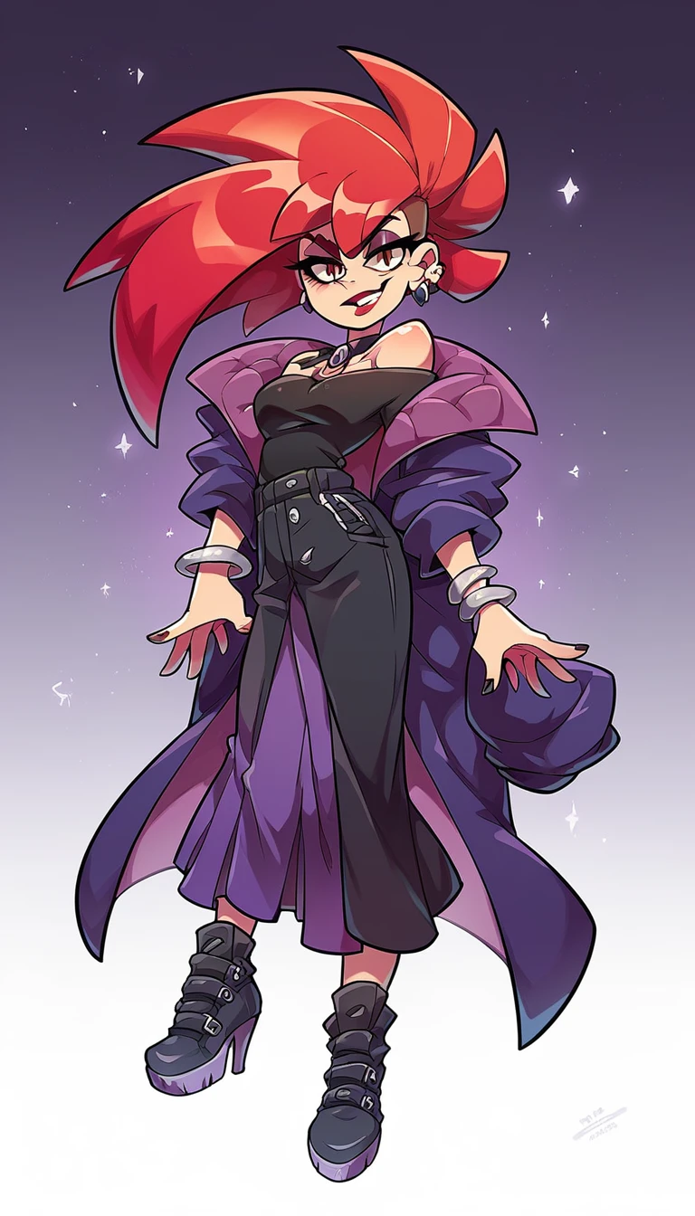  a beautiful teenage girl gothic sexy attractive beautiful light red hair cut disheveled Her brown eye painted purple eyelash red lip she wears a dark purple coat with a black shirt underneath and a long purple skirt with a slit at the hemheels Long black golden arm bracelet