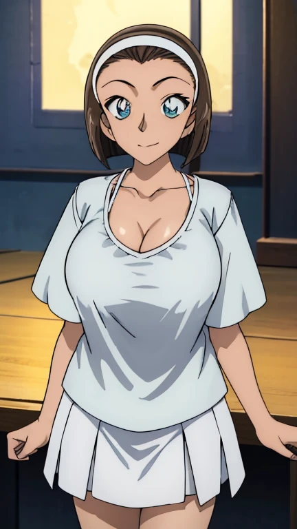 Looking into the camera、When I Look at You、lookatviewer、Anime Style、eroge、1 girl, (Huge long breasts:1.2), (White blouse T-shirt、Cleavage、Tight Skirt)、Low - Angle、Brown haired, hair band、short hair、Bob Hair、The forehead is visible、smile,Round Breasts、women、
