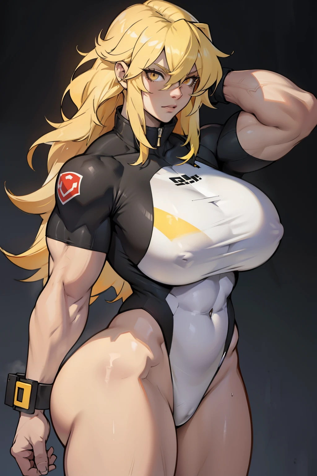 girl huge muscles huge breasts pale skin black long hair yellow eyes hair between eyes