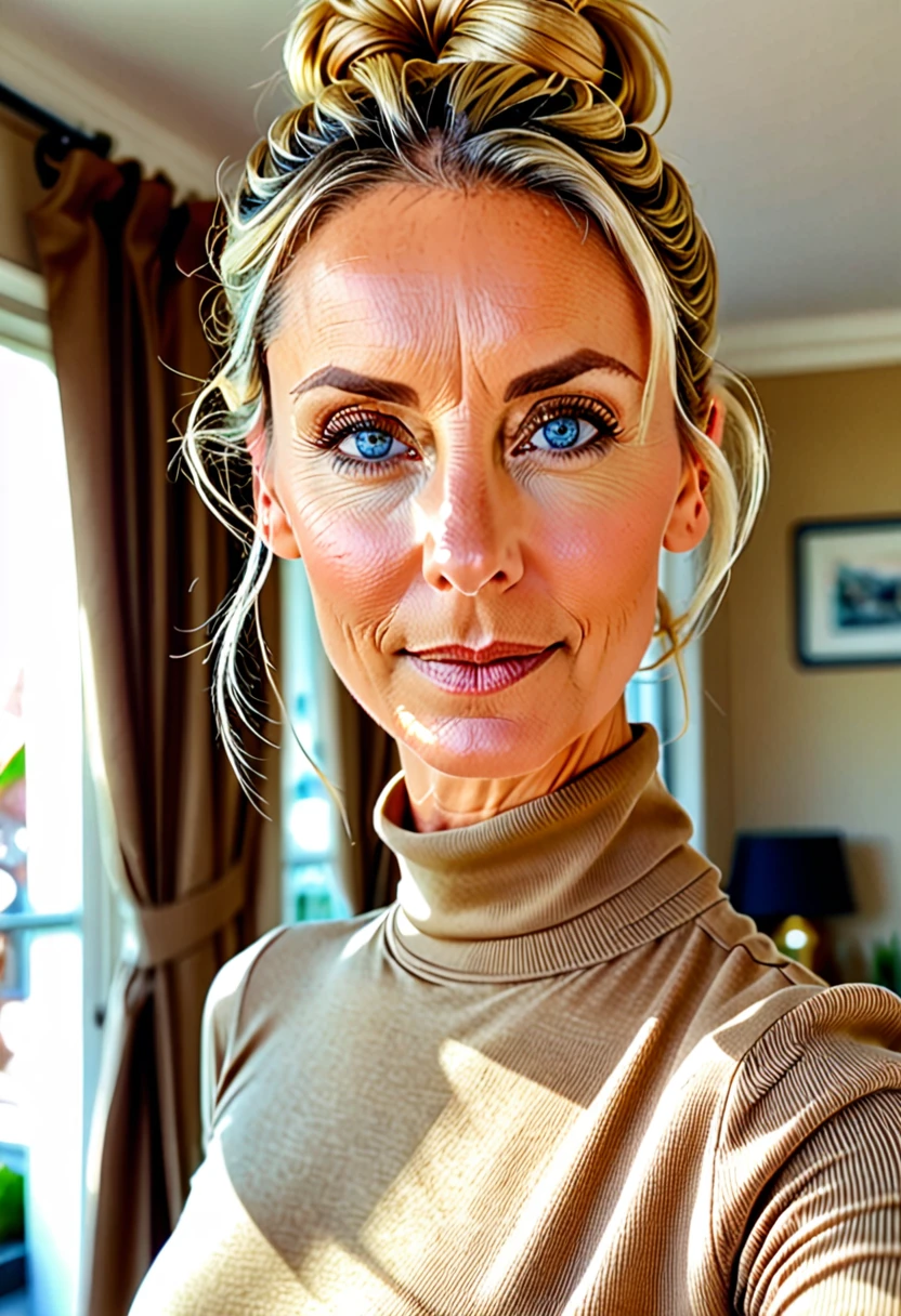 beautiful woman of 45 years old with blue eyes, blond with brown roots, hair in bun with tendrils, looking directly at the camera, very realistic, instagram selfie, closeup face, at home, tight turtle-neck polo tucked into high-waist beige/brown suitpants, clothes tight against body, clothes too tight, film grain, fit muscular body, big breasts, focus on face, clothes too tight, disappointed in viewer