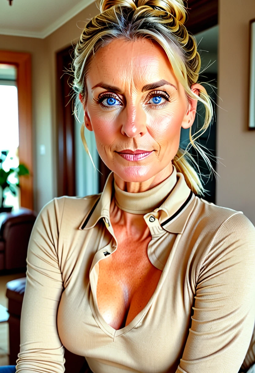 beautiful woman of 45 years old with blue eyes, blond with brown roots, hair in bun with tendrils, looking directly at the camera, very realistic, instagram selfie, closeup face, at home, tight turtle-neck polo tucked into high-waist beige/brown suitpants, clothes tight against body, clothes too tight, film grain, fit muscular body, big breasts, focus on face, clothes too tight, disappointed in viewer