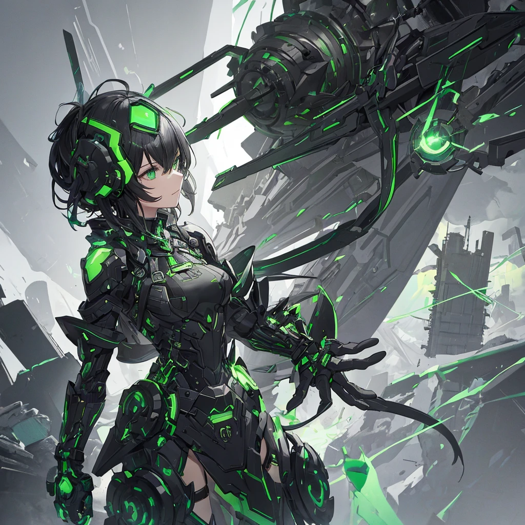 Black and green machina girl, large gauntlets, short black hair, back reactor