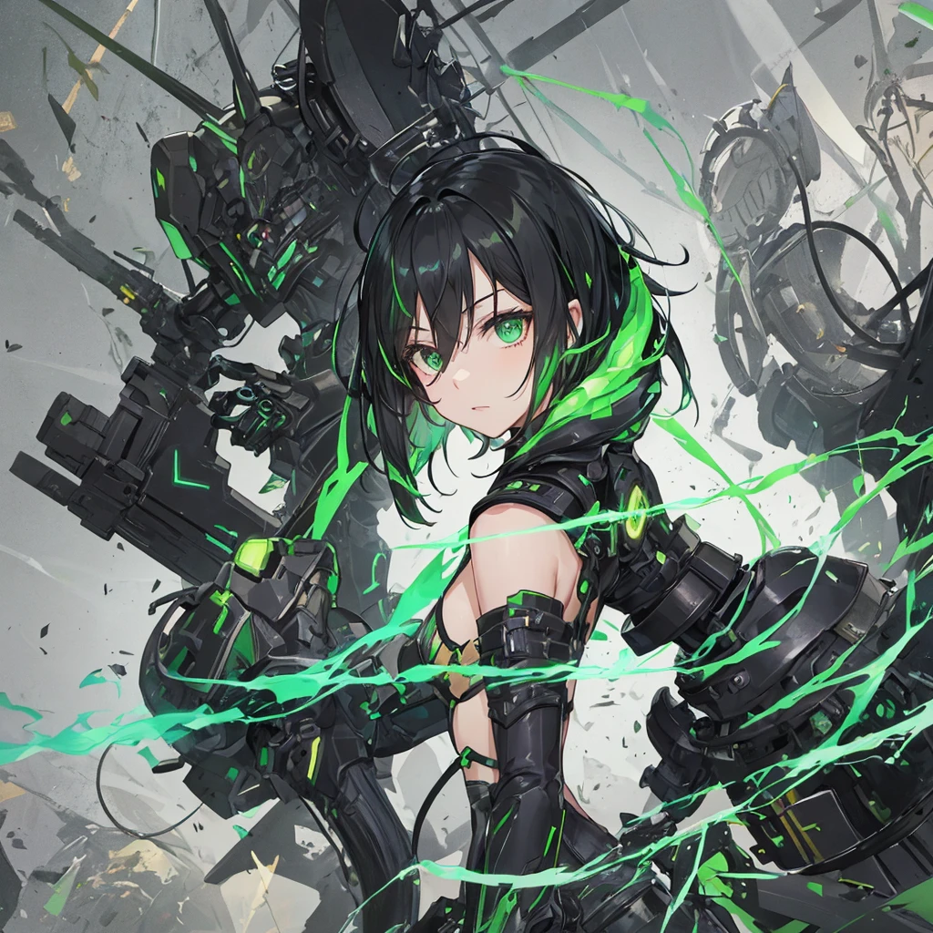 Black and green machina girl, large gauntlets, short black hair, back reactor