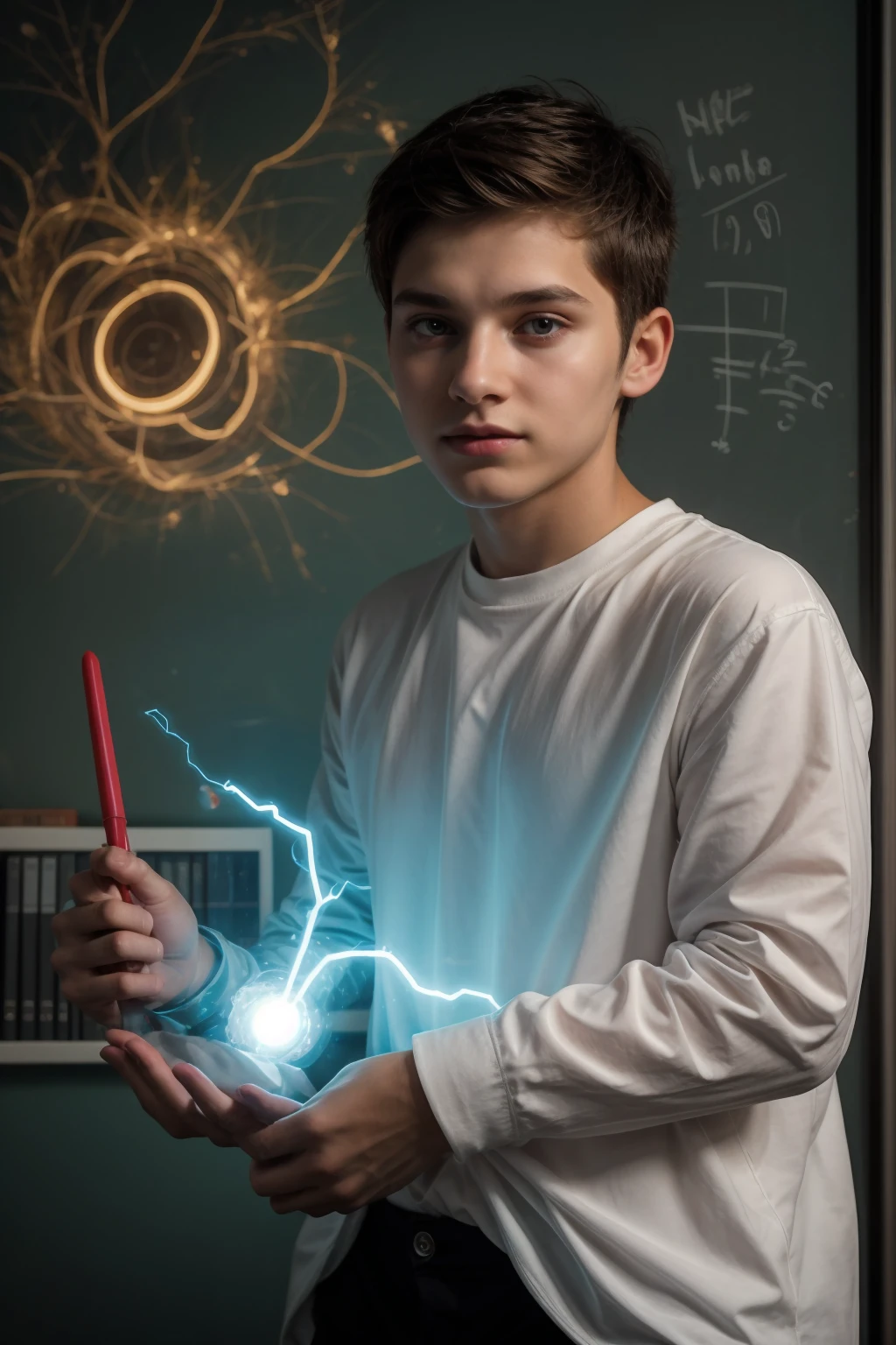 A beautiful young man, a cute male twink, with black hair, a face with reddish make-up, wearing a bright white long-sleeved shirt and aqua blue pants. He is in his office, and behind him is a blackboard on which is written the shape of the brain and its anatomy, and nuclear energy emerges from it, and in his hand is a magic wand.