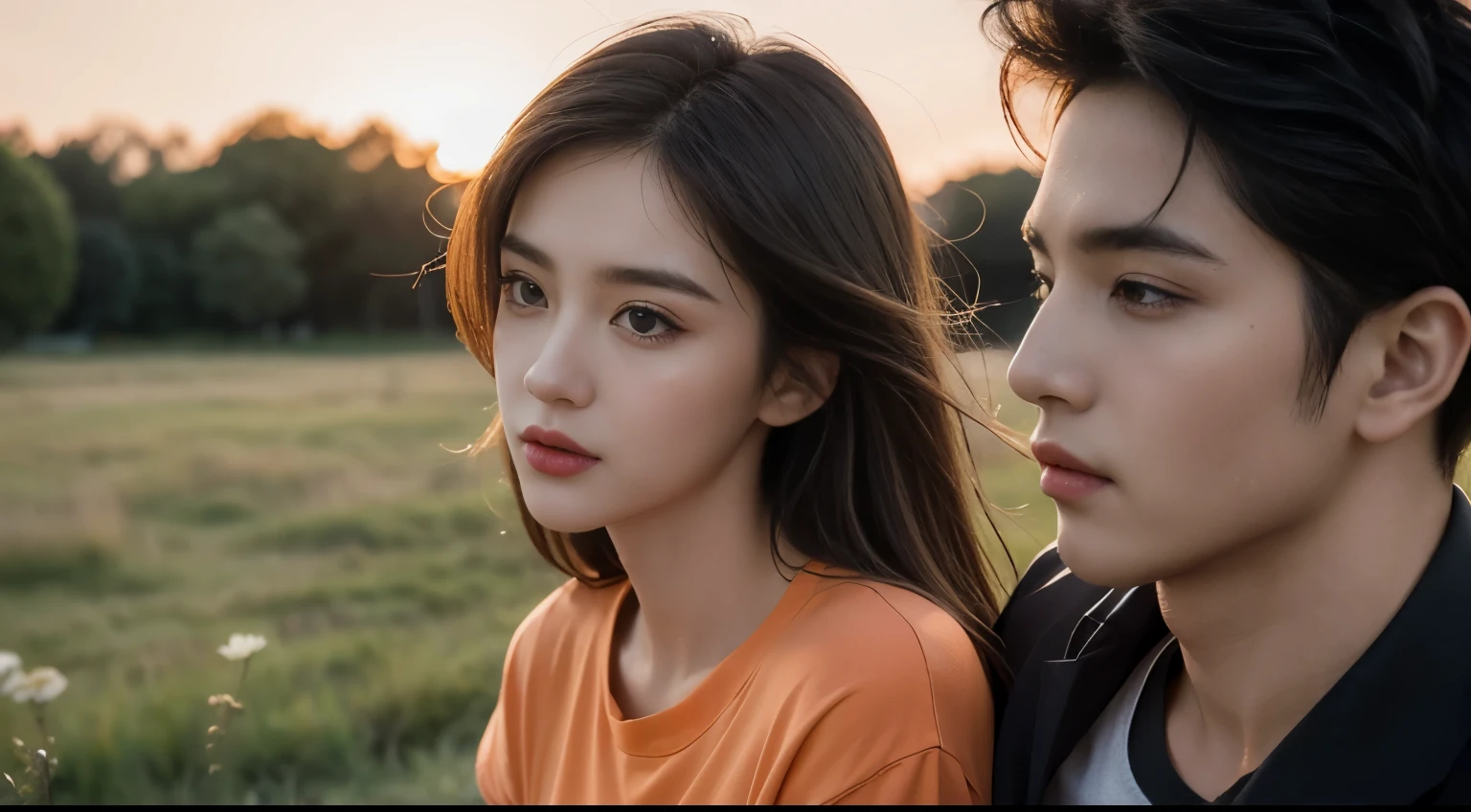 masterpiece, best quality, {best quality}, {{masterpiece}}, {high resolution}, {{{Field Field}}, extremely detailed couple, illustration, couple, 1 boy, 1 Girl, couple, like, like, Romantic, Clear focus, Male focus, feMale focus, Black Hair, Violet eyes, sun, sunlight, Lifting, surprise, envy, Orange sky, t-shirt, Men's Casual Wear, Poker face, Women's Fashion