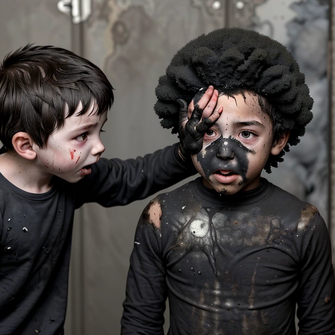 A boy covered in soot gets caught in an explosion along with his friend