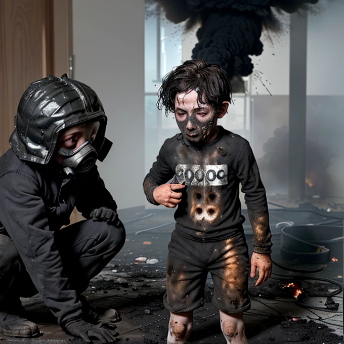 A boy covered in soot gets caught in an explosion along with his friend