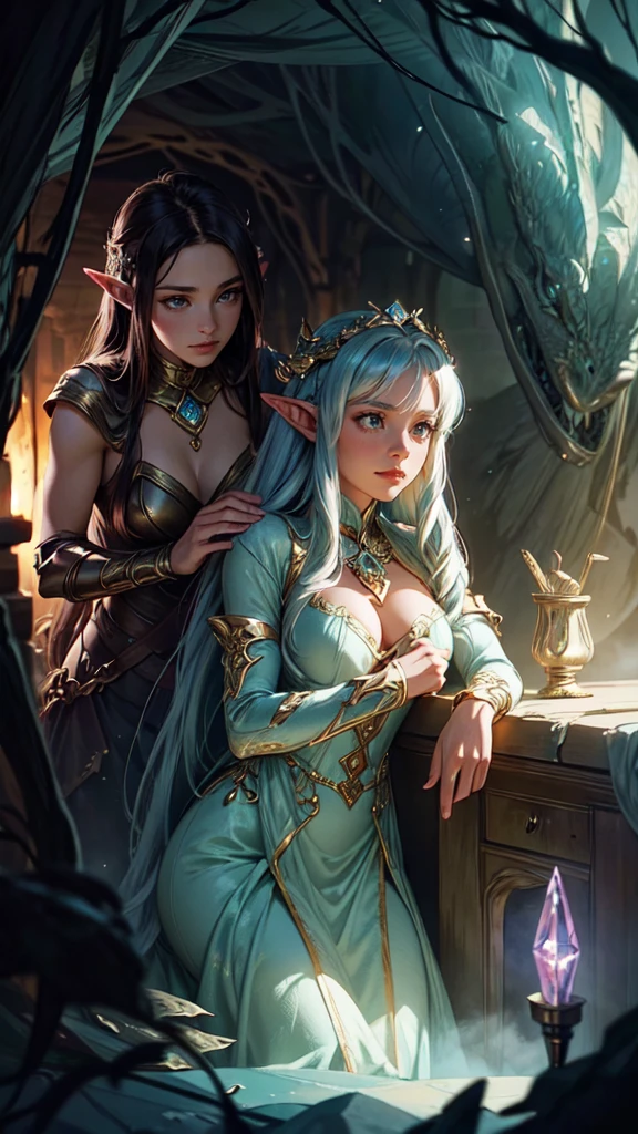 An atmospheric digital painting capturing the interior of the master cave, illuminated by the soft, magical glow of crystals. The "Dragon Girl Master" and her dragon companion explore the winding tunnels, discovering ancient relics and secrets hidden within. detailed eyes, detailed hands, detailed face, elf girl, beautifu