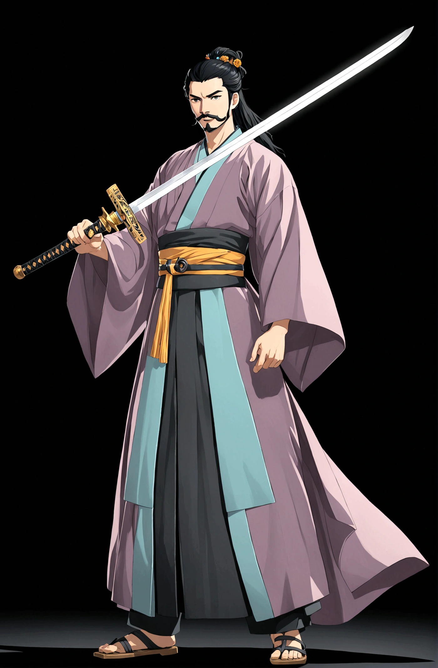 solo, looking at viewer, simple background, black hair, long hair,1boy, holding, standing, full body, weapon, male focus, hanfu, sword, holding weapon, black eyes, sash, facial hair, holding sword, black background, beard, mustache