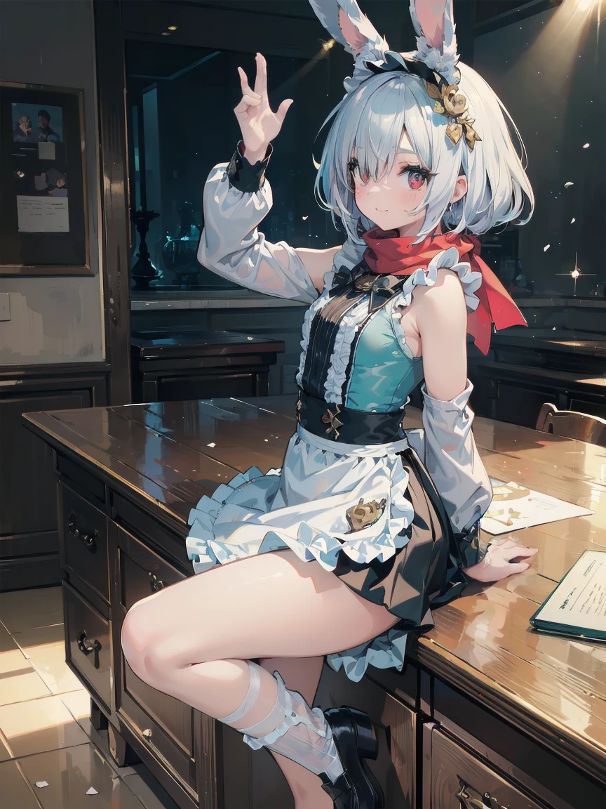 (A super high quality creation by the Creator God: 1.4), (Absolute Resolution: 1.4), (A masterpiece from the curatorial god: 1.4), Surrealist works, (complicated, Realistic materials with attention to detail, Textures and Lights: 1.3), (Perfect Anatomy: 1.2),
break
((Tabletop, Pixel perfect, 8K wallpaper)), 1 girl, single, Embarrassed expression, Shy look,tall,There are rabbits,Clasp your hands in front of you, alone, Reincarnation of Aphrodite, the goddess of beauty, Unparalleled beauty, Narrow waist, Firm Oblique Muscles, Great looks, The highest-ranking family in the hierarchy, bonnet (clothing), scarf, ultra-luxury woolen Long sleeve bodice and skirt dress, Rabbit on head,Overskirt, apron, Long sleeve bodice,From above, A jacket that looks like a sleeveless jacket, Black luxury leather loafers, Frills, race, ribbon,It has a rabbit tail、Bunny ears、Red eyes,White Hair,編み込んだ髪
break
(Hair growing out of one eye), (Scattered sunlight: 1.2), A fantastic light source like particles, Blurred Background, (Depth of written boundary: 1.5), Tilt your head, From behind , Looking at the audience, Recall, Flexible body, From above見上げる, (Depth of written boundary: 1.4), Looking at the audience, (Cute Smile),
break
Scenery of the Cathedral of Our Lady, A famous cathedral, ultra high density skin, (,, Open your thighs from side to side: 1.2, Absolute area: 1.3),
break
, Highly detailed skin, (Best lighting by famous artists: 1.2), 8K, (Masterful instructors provide instruction on attractive poses: 1.4), Cute illustrations.
break