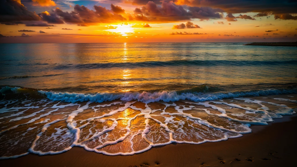 An absolutely mesmerizing sunset over the beach, with a mixture of oranges, Pink, and yellows filling the sky. Crystal clear sea waters gently kissing the shore, with white sand beach stretching everywhere. The scene is dynamic and breathtaking, with seagulls flying high in the sky and palm trees gently swaying. Enjoy the calm atmosphere and let the tranquility wash over you.