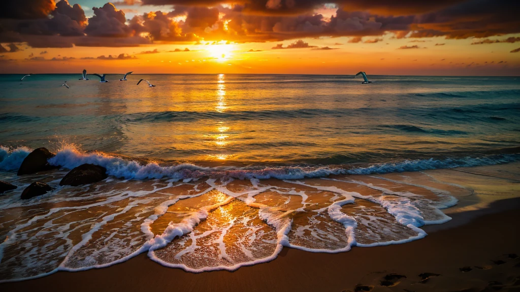 An absolutely mesmerizing sunset over the beach, with a mixture of oranges, Pink, and yellows filling the sky. Crystal clear sea waters gently kissing the shore, with white sand beach stretching everywhere. The scene is dynamic and breathtaking, with seagulls flying high in the sky and palm trees gently swaying. Enjoy the calm atmosphere and let the tranquility wash over you.