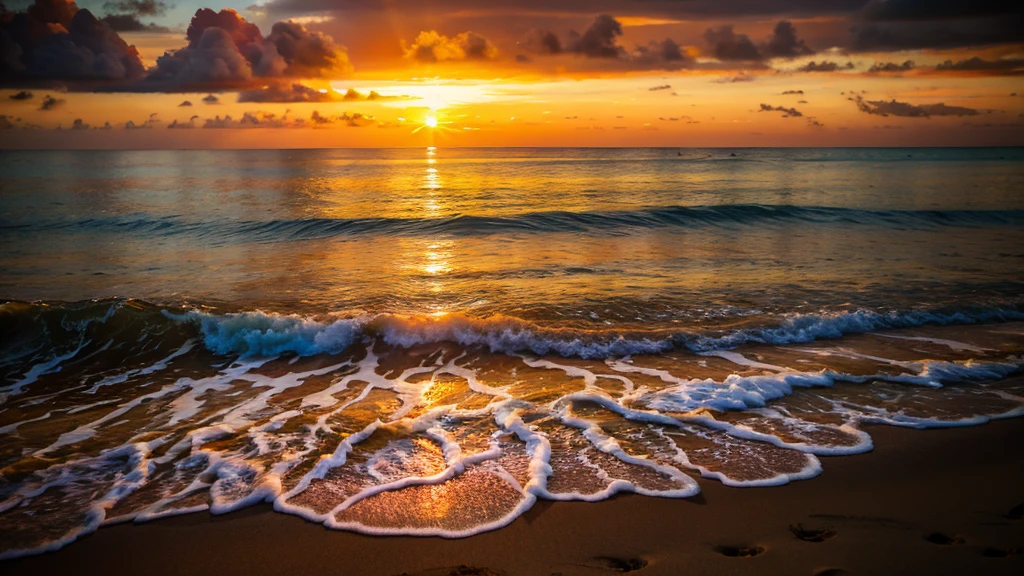 An absolutely mesmerizing sunset over the beach, with a mixture of oranges, Pink, and yellows filling the sky. Crystal clear sea waters gently kissing the shore, with white sand beach stretching everywhere. The scene is dynamic and breathtaking, with seagulls flying high in the sky and palm trees gently swaying. Enjoy the calm atmosphere and let the tranquility wash over you.