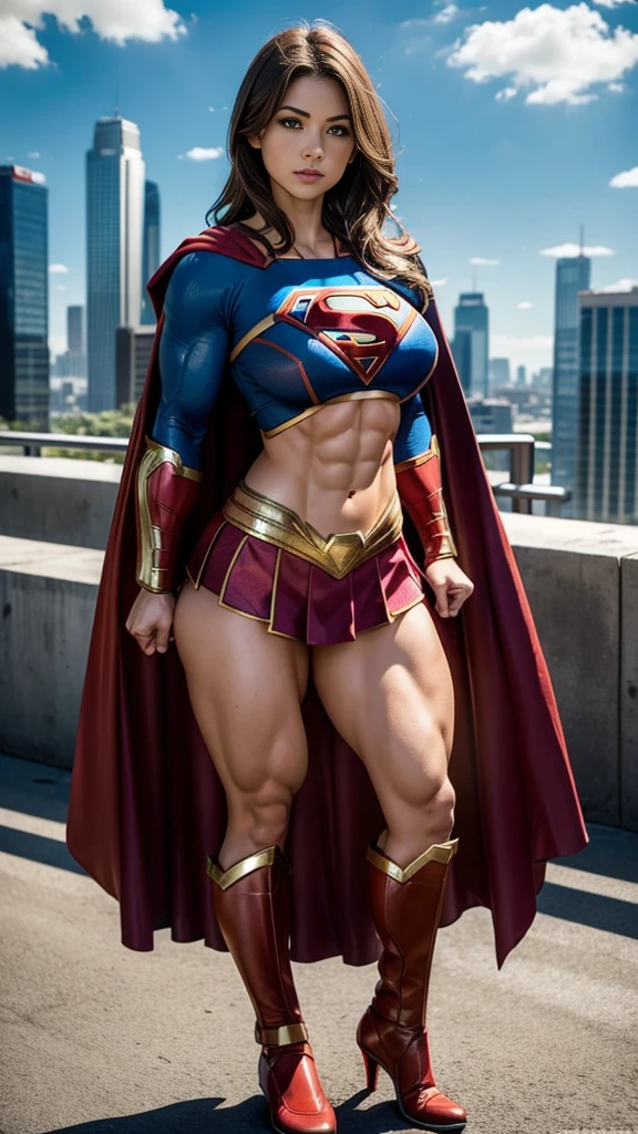 Busty cute girl, enormous breasts volume, (muscle strong arms and abs and legs), tight supergirl costume and cape, city background