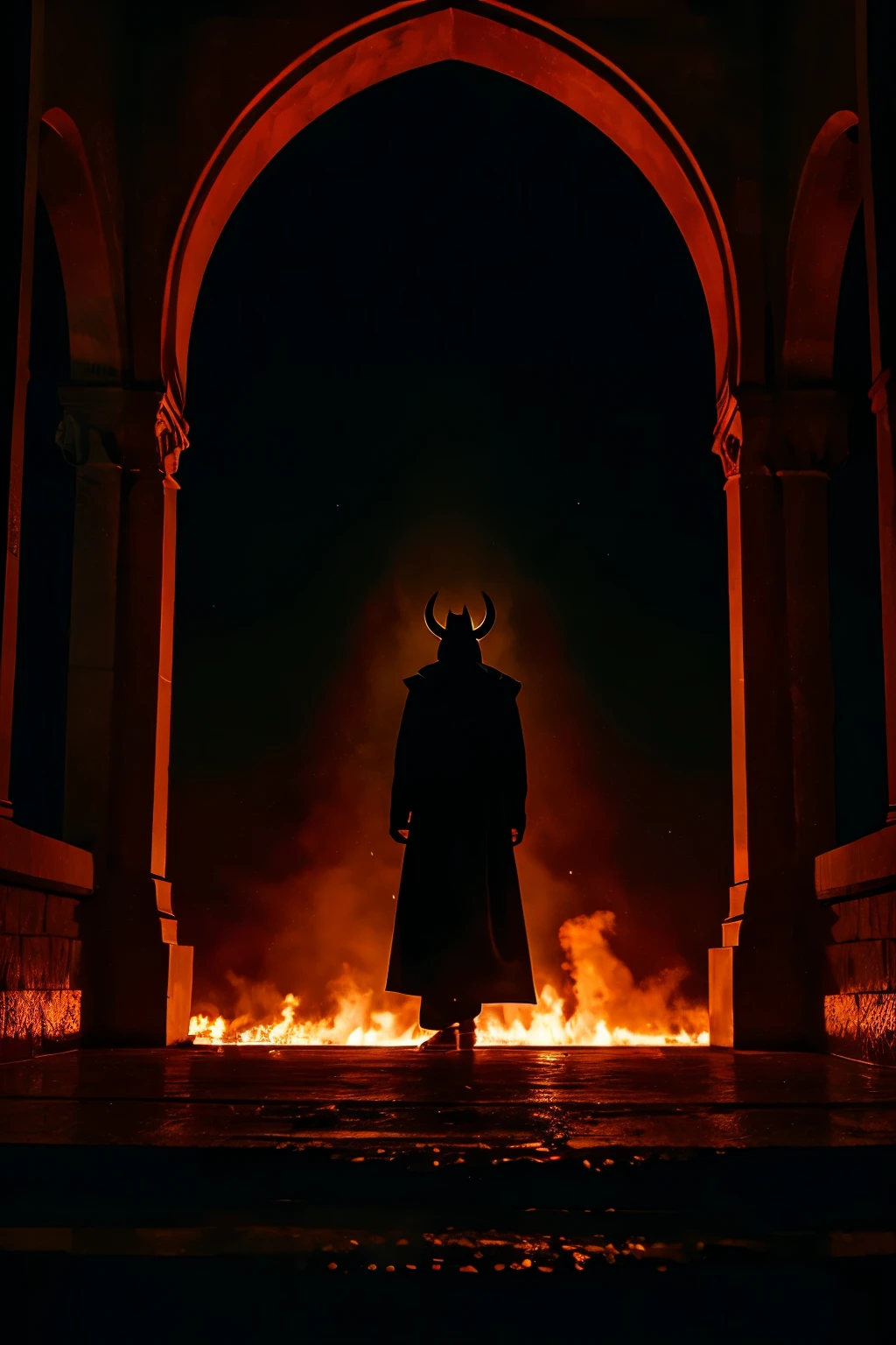 "A dark, dramatic scene showing the devil facing his final moments after the end of the Day of Judgment."