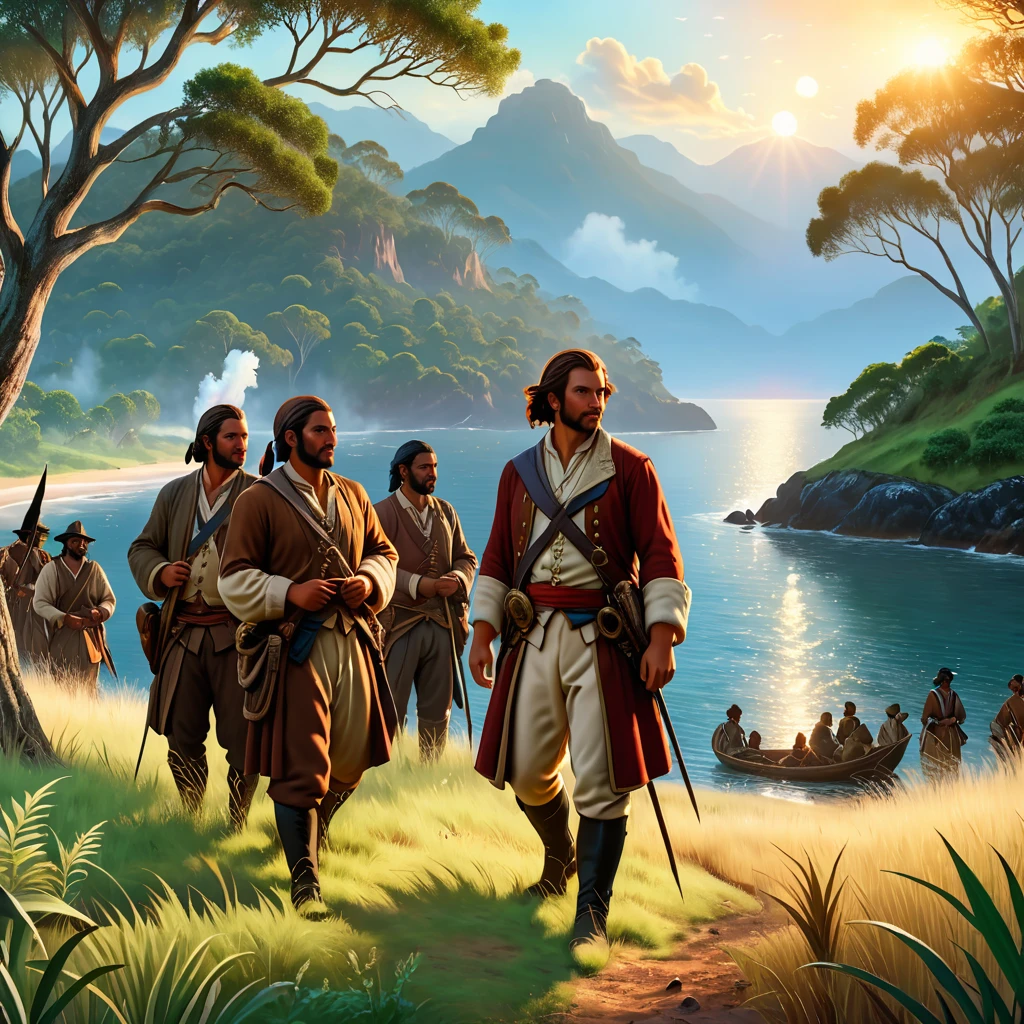 Australia in 1788 during the first colonization meeting, with indigenous Australians interacting with British settlers. Capture the scene with maximum quality and realistic style, highlighting coastlines and bays in a highly detailed landscape. Lighting should be soft and natural, reflecting the dawn sun on the water. Use 4K resolution to ensure sharpness, with a beautiful bokeh effect that subtly blurs the background to focus attention on the characters and details in the foreground. Add detailed textures to vegetation and water, as well as authentic facial expressions and clothing for both groups, creating an immersive and authentic atmosphere of this historical moment.